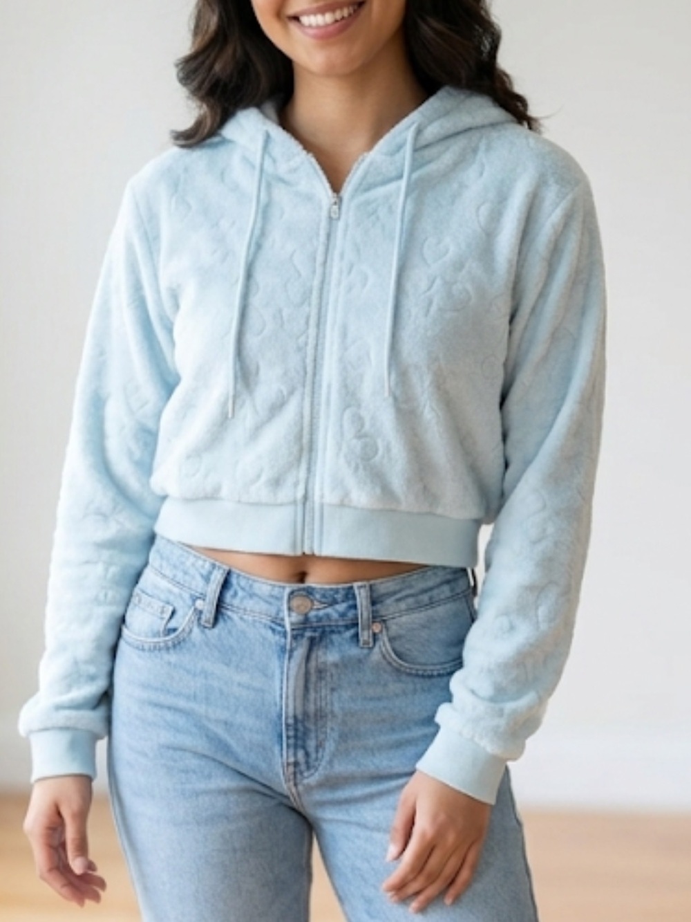 Angel Cult Cropped Light Blue Fuzzy Zip Hoodie daisy NWOT large fall outdoors